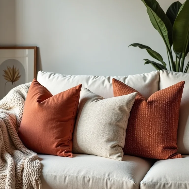 Almofadas decorativas com texturas e estampas diferenciadas.