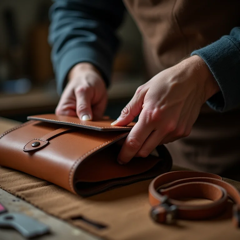 Artesão montando bolsa de couro personalizada em oficina minimalista