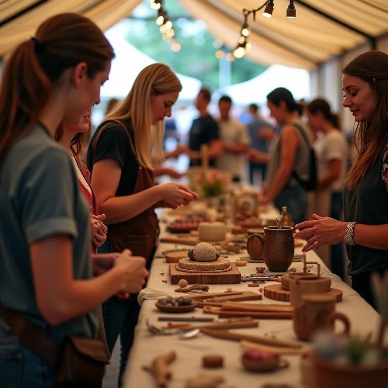 Artesãos expondo seus trabalhos em feira de artesanato