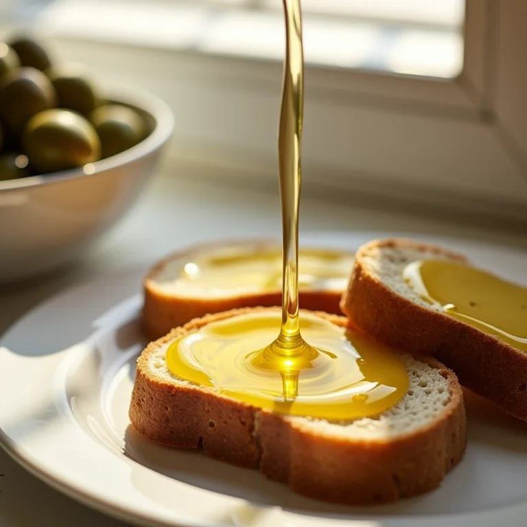 Azeite de oliva em pão com azeitonas.