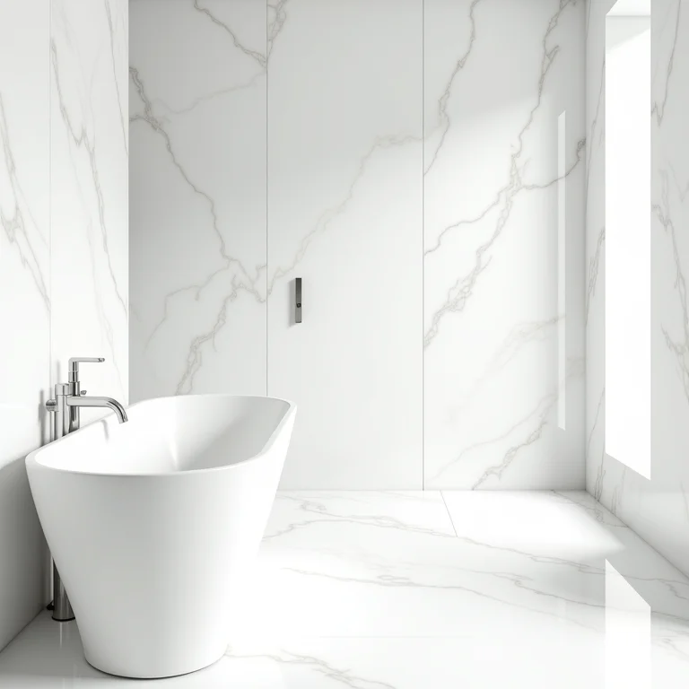 Banheiro branco com porcelanato marmorizado.