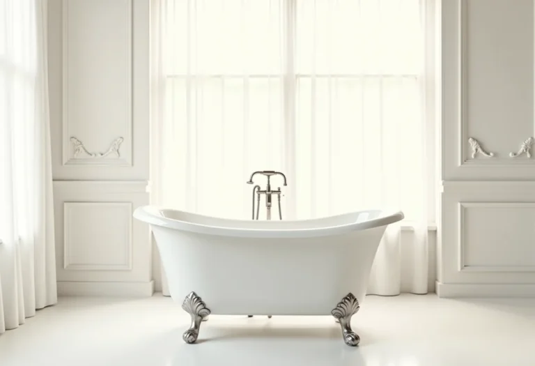Banheiro com banheira vitoriana elegante e luminosa