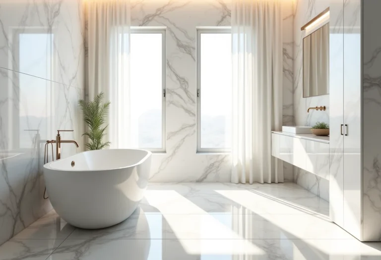 Banheiro luxuoso com porcelanato marmorizado.