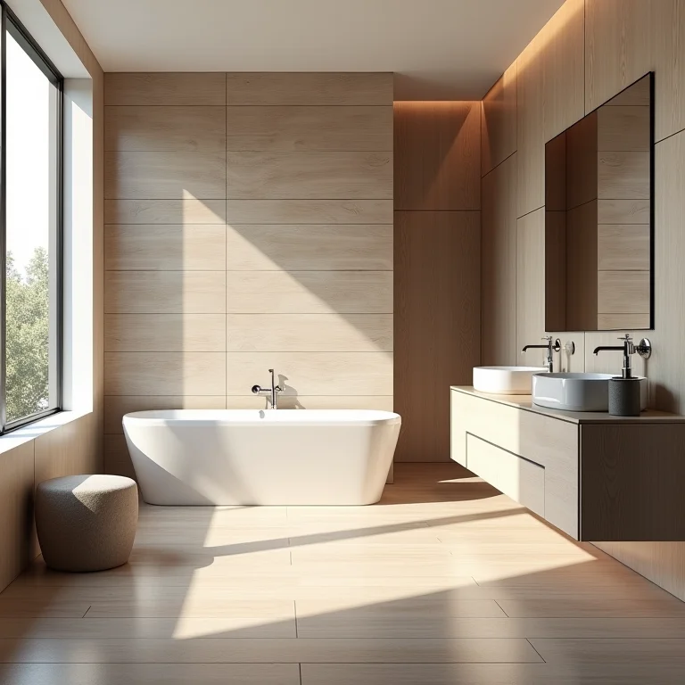 Banheiro moderno com porcelanato que imita madeira