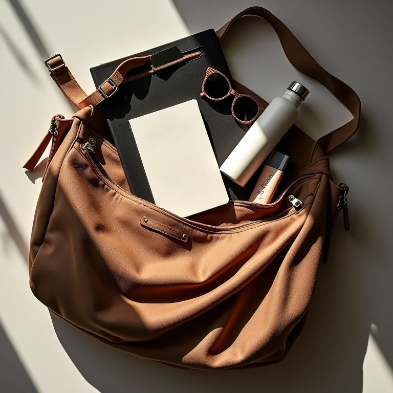 Bolsa hobo cheia de objetos essenciais