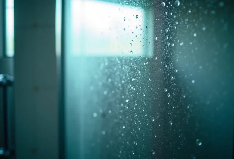 Box de vidro com resíduos de sabão e água, mostrando a dificuldade de limpeza