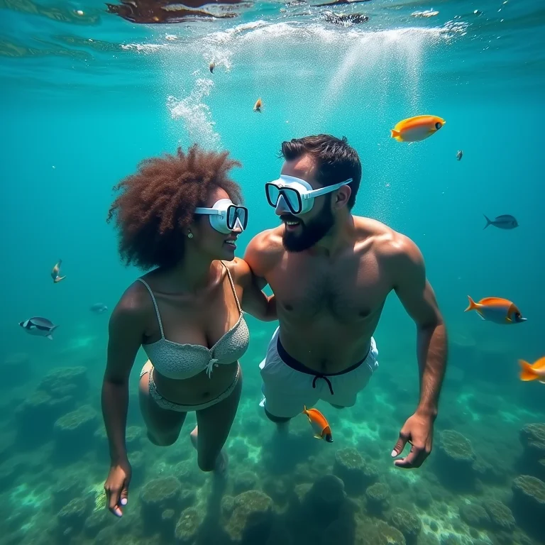 Casal praticando snorkeling em águas cristalinas no Tahiti