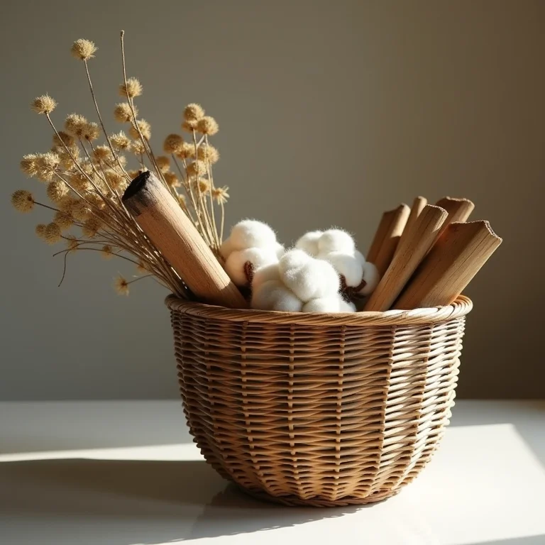 Cesta com materiais naturais para decoração.