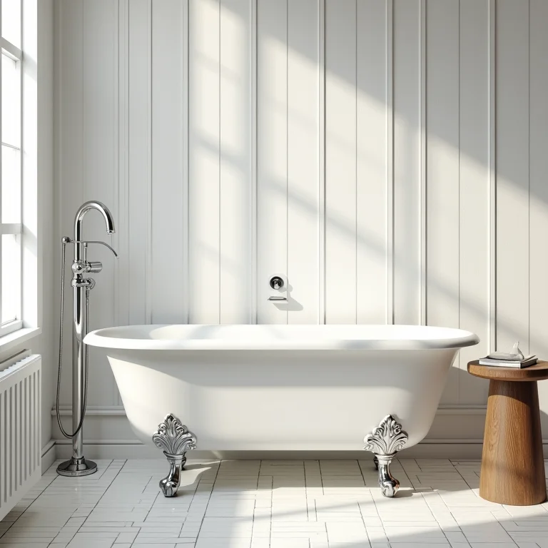 Diferentes revestimentos elegantes para banheiro ao lado de banheira vitoriana