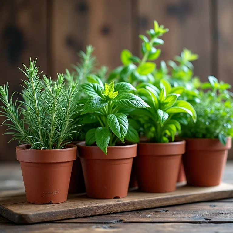 Diversos vasos com ervas aromáticas como alecrim, manjericão e hortelã