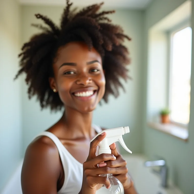 Especialista sorrindo e segurando um borrifador com solução de limpeza