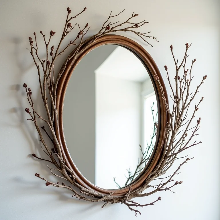 Espelho decorado com galhos secos.