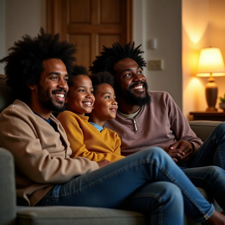Família compartilhando risadas e emoções durante a sessão de cinema