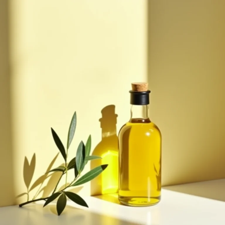 Frasco de azeite de oliva e ramo de oliveira