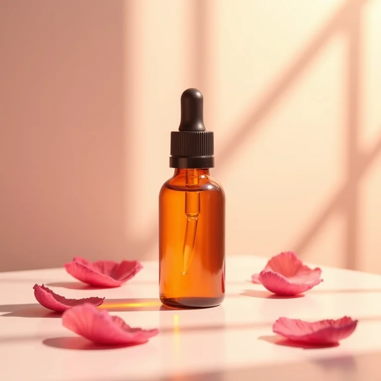 Frasco de óleo de rosa mosqueta com pétalas de rosa.