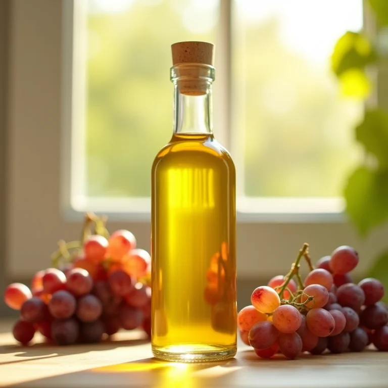 Frasco de óleo de semente de uva com uvas ao fundo