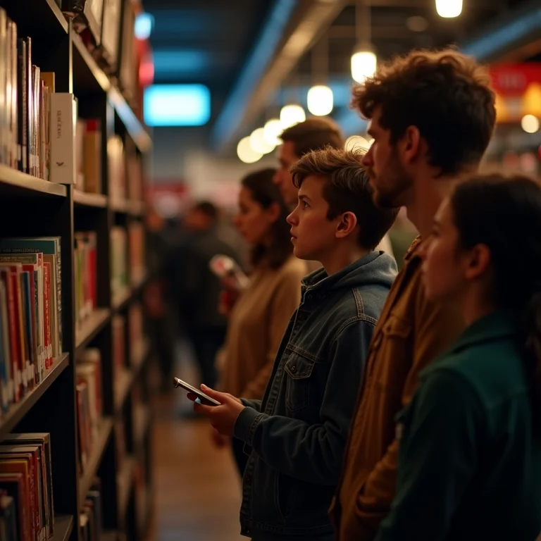 Grupo diversificado de amigos escolhendo filmes para assistir juntos.