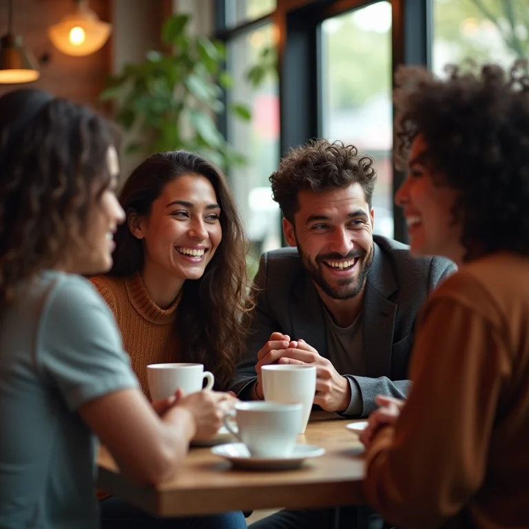Grupo diverso de pessoas tomando café e interagindo alegremente.