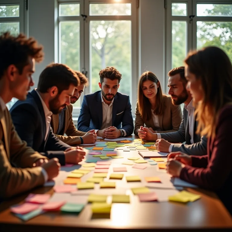 Grupo diverso solucionando problemas com notas adesivas coloridas