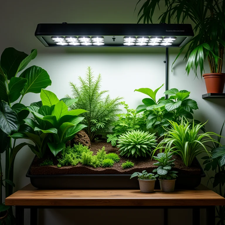 Jardim interno iluminado com luzes LED.