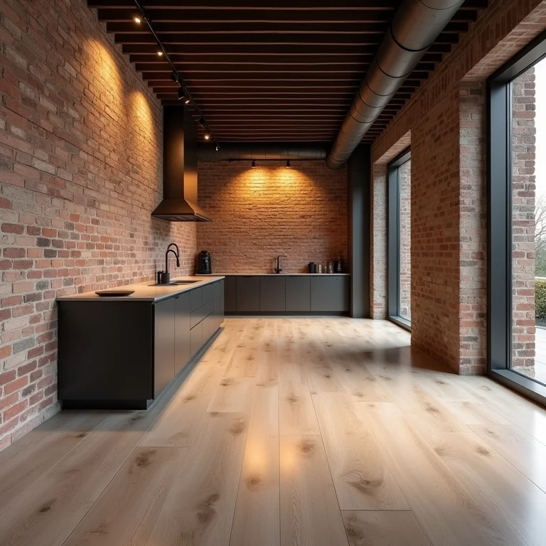 Loft minimalista com piso cimentício que imita madeira