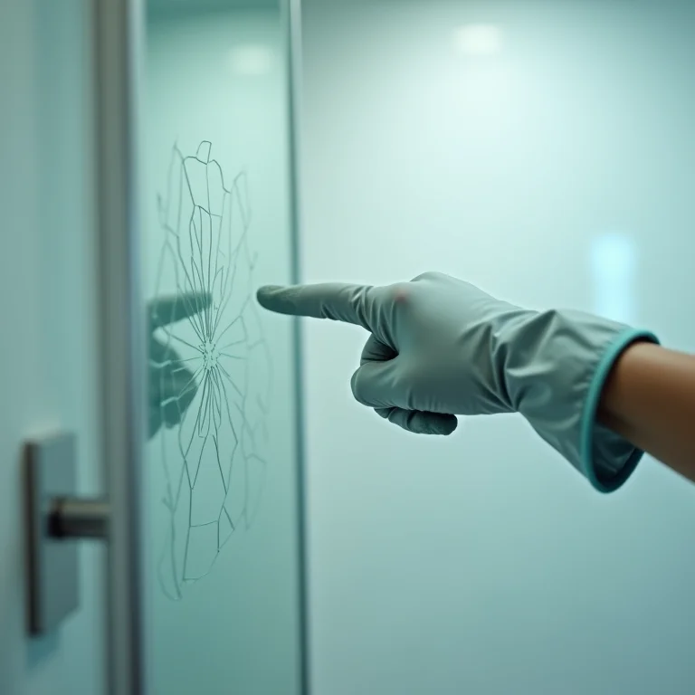 Mão com luva de limpeza apontando para vidro danificado no box