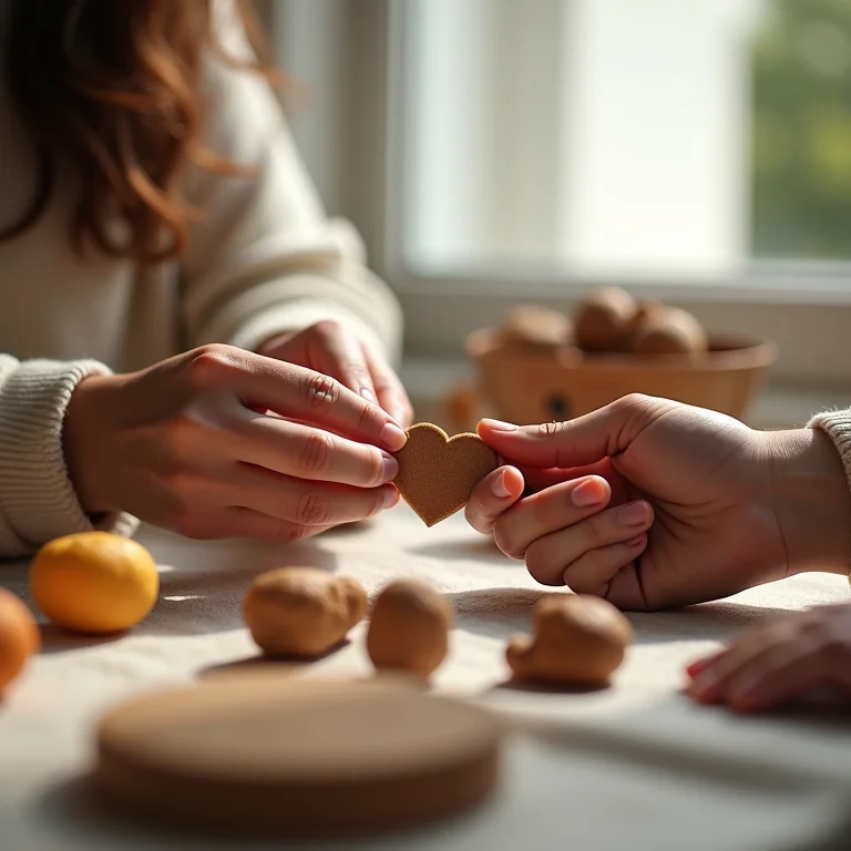 Mãos arrumando itens artesanais para uma foto criativa no Instagram