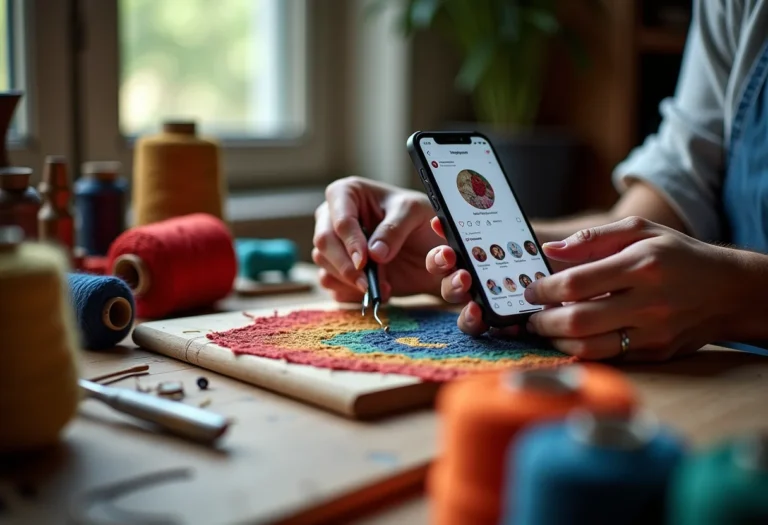Mãos de artesão criando peça única com smartphone mostrando perfil do Instagram ao fundo