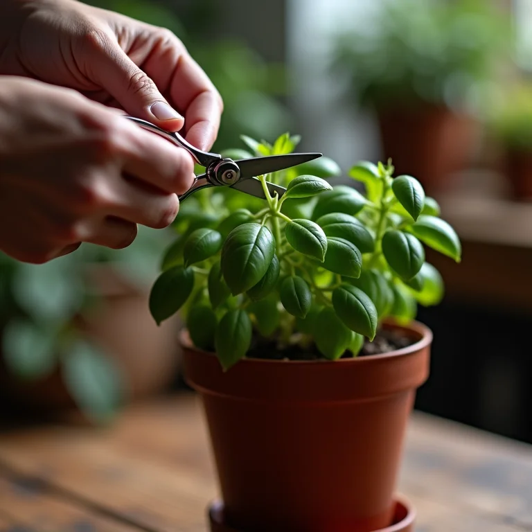 Mãos podando manjericão com tesoura
