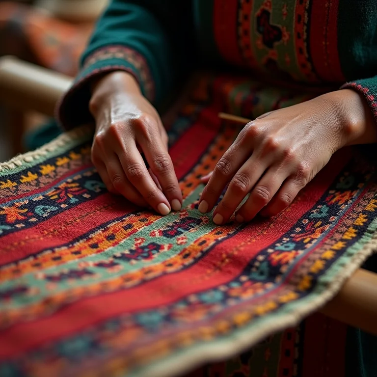 Mãos tecendo tecido tradicional em tear antigo