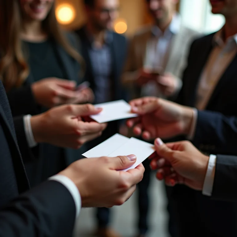 Mãos trocando cartões de visita em evento de networking