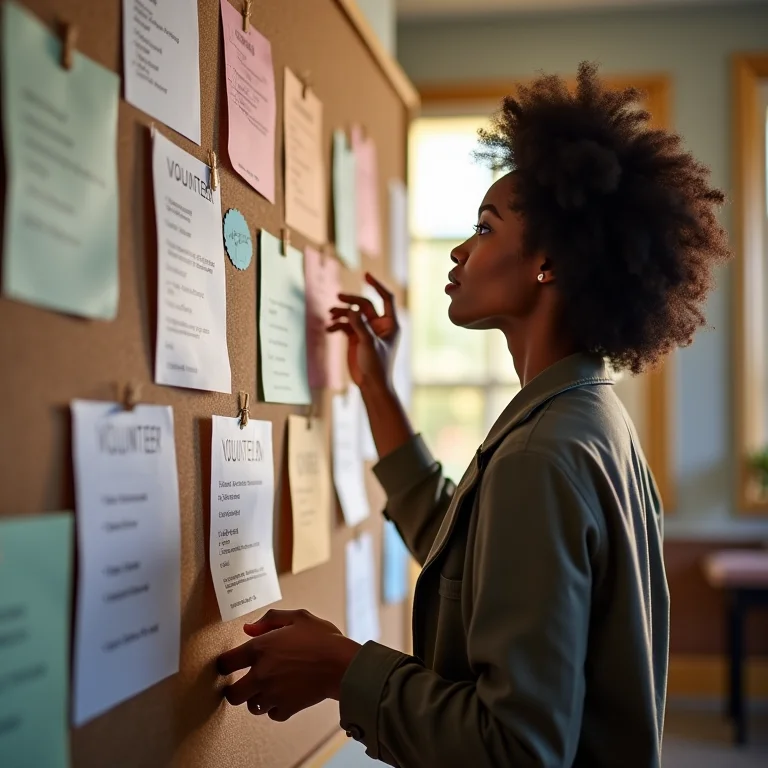 Mulher analisando um mural com diversas oportunidades de voluntariado.