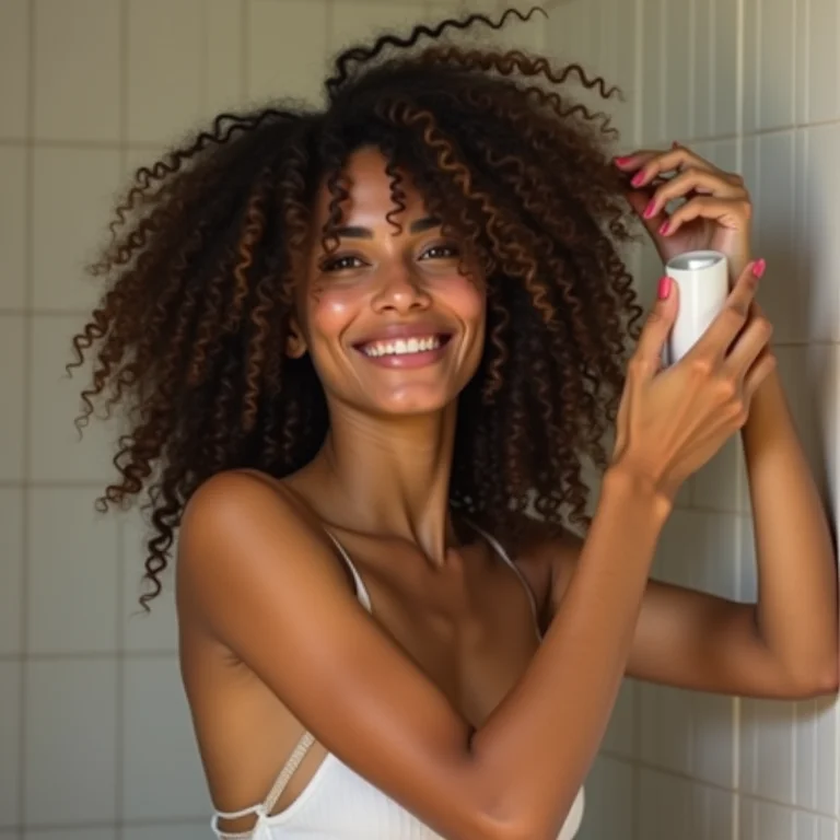 Mulher aplicando condicionador apenas nas pontas do cabelo