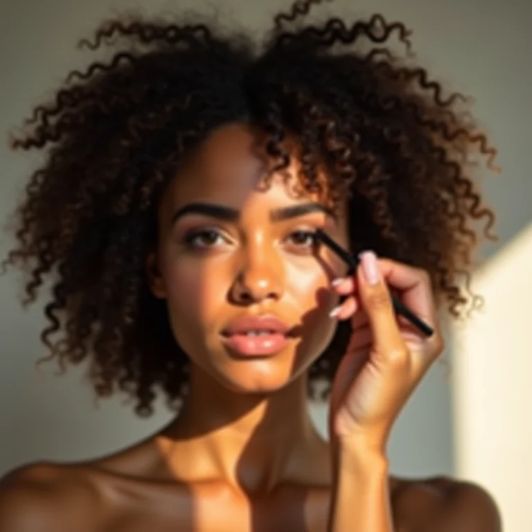 Mulher cacheada com dificuldade em aplicar delineador