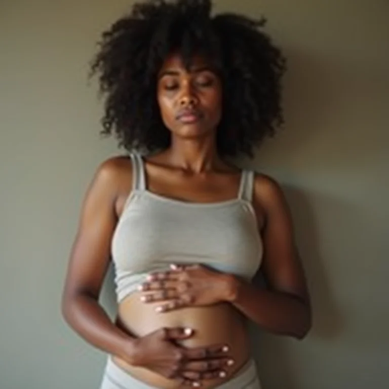 Mulher com expressão preocupada, com as mãos no abdômen