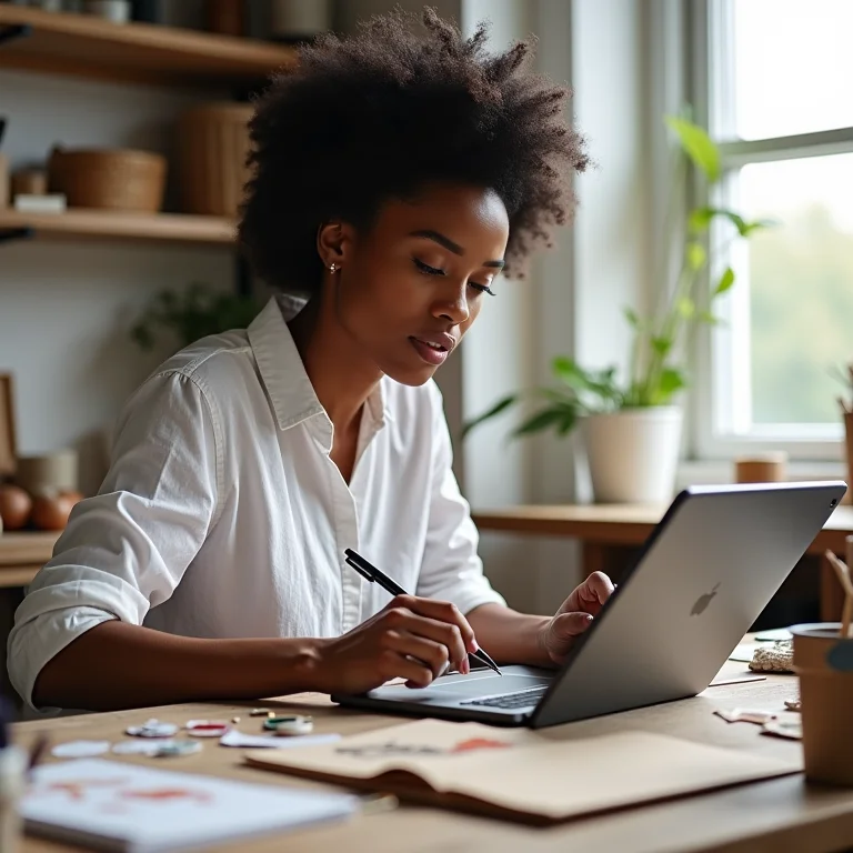 Mulher criando arte digital em tablet com materiais artesanais ao redor