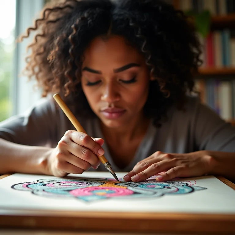 Mulher criando quadro com linhas e pregos.