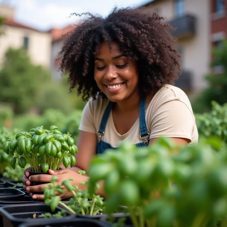 Mulher cuidando de um vaso de manjericão