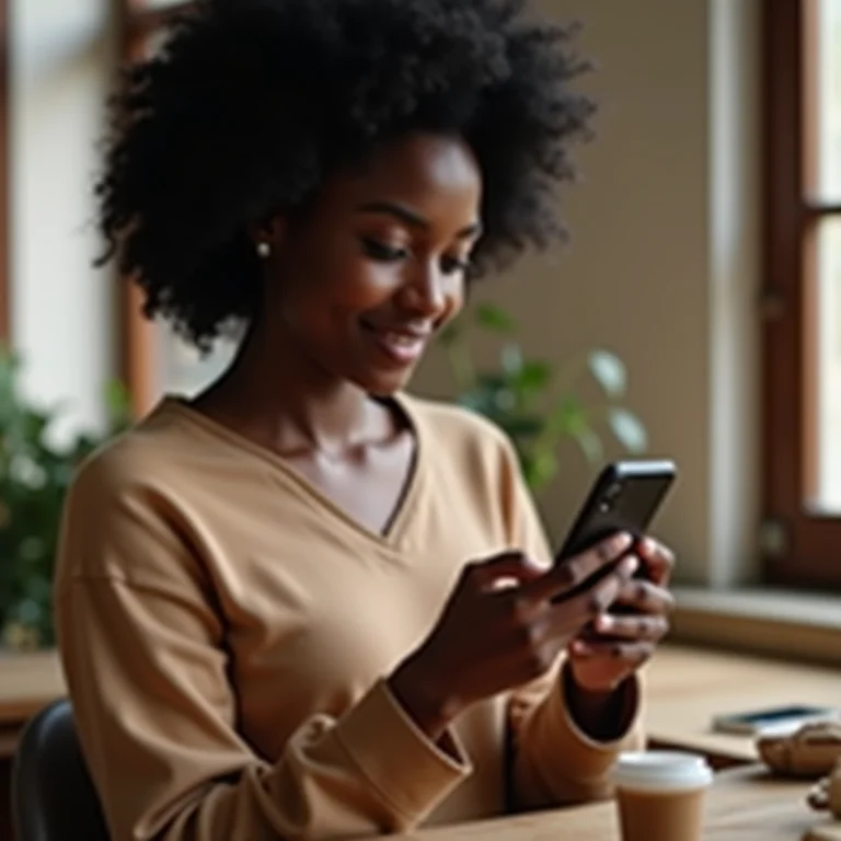 Mulher digitando legenda cativante em smartphone ao lado de produtos artesanais