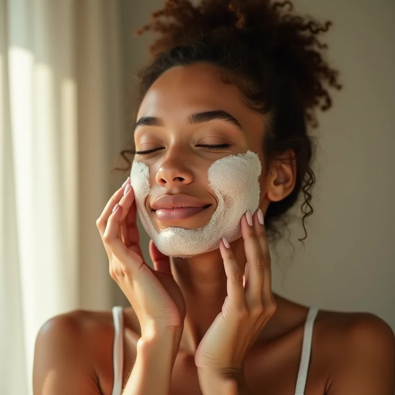 Mulher esfoliando o rosto com aveia.