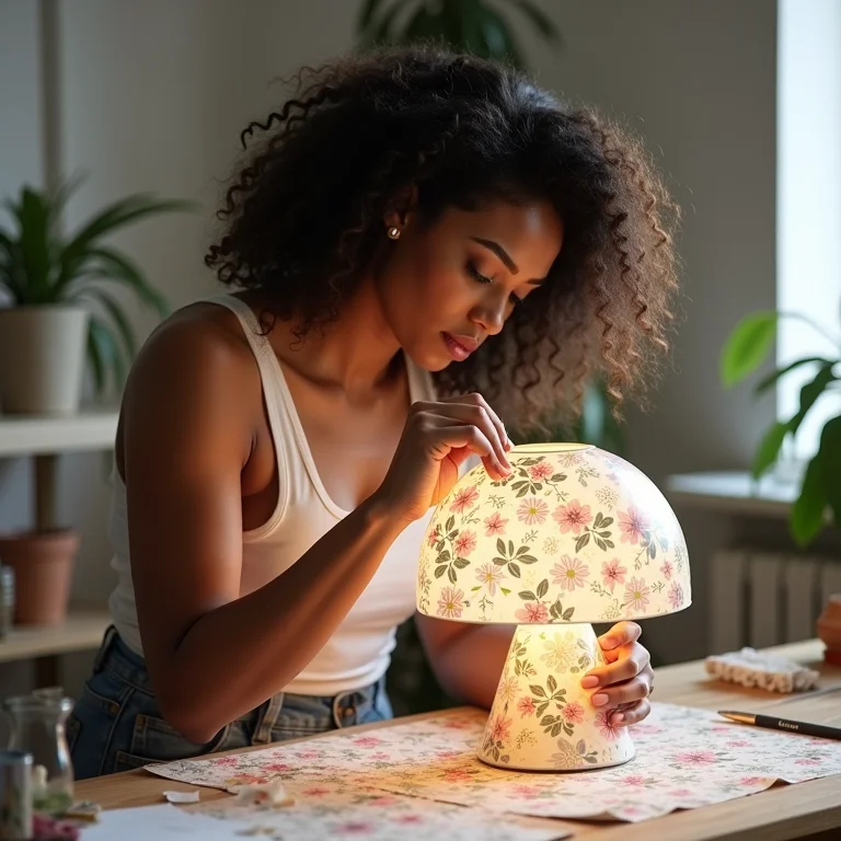 Mulher fazendo decoupage em luminária de PVC DIY