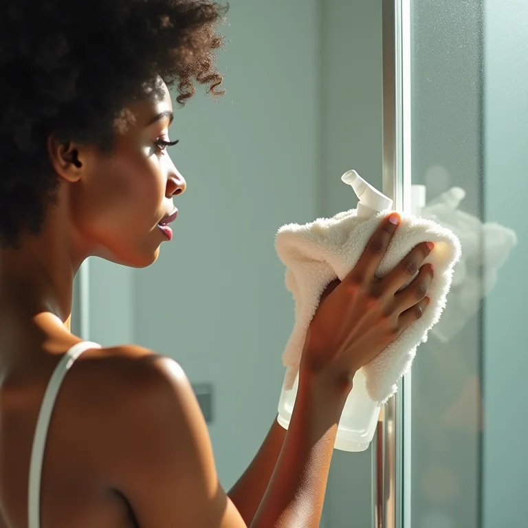 Mulher limpando o box do banheiro com um borrifador e pano de microfibra