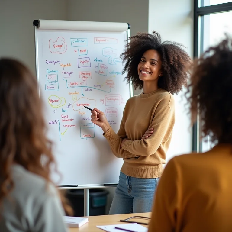 Mulher negra com cabelo cacheado apresentando ideias inovadoras em um quadro branco