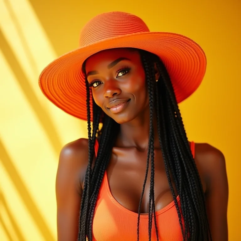 Mulher negra com chapéu de sol colorido