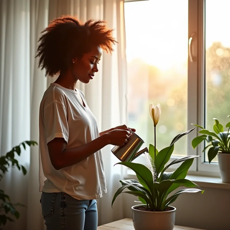 Mulher negra cuidando de uma planta lírio da paz.