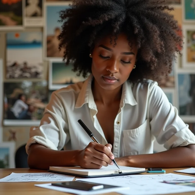 Mulher negra desenhando ideias criativas em um bloco de notas