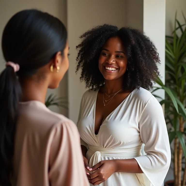 Mulher negra e plus size sorrindo e conversando com uma wedding planner