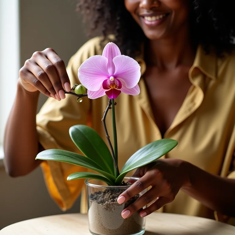 Mulher negra regando orquídea em vaso de vidro.
