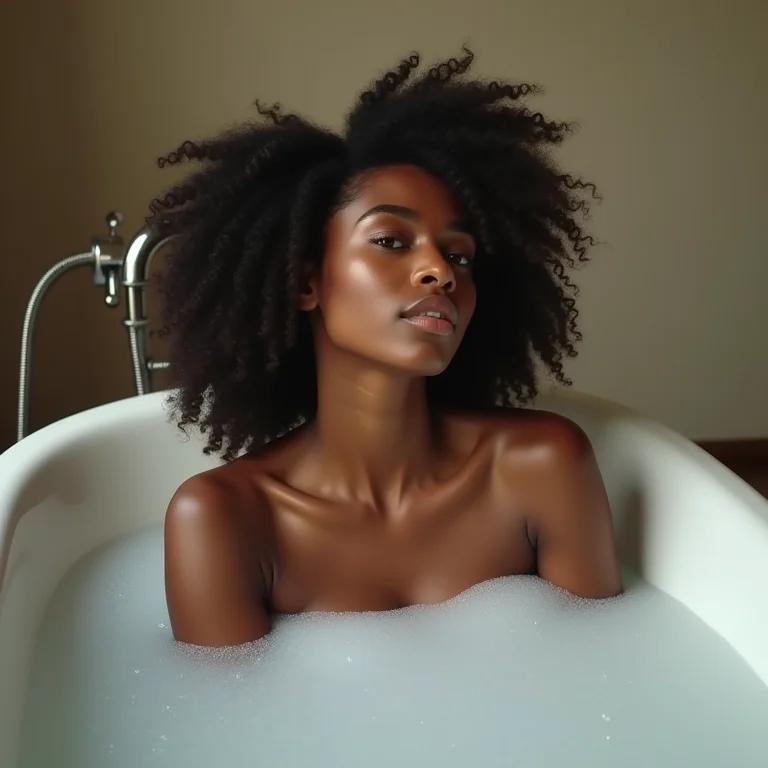 Mulher negra relaxando em banheira vitoriana com espuma