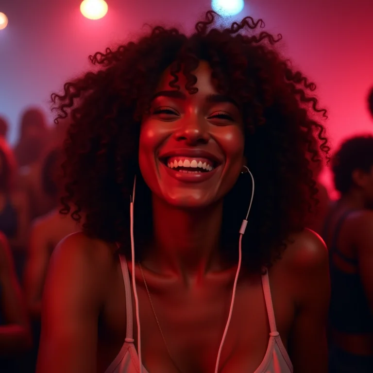 Mulher negra sorrindo e dançando em uma festa